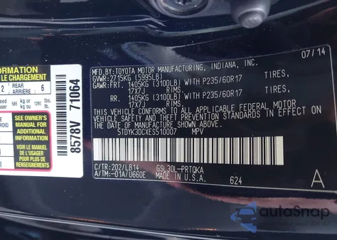 2014 Toyota Sienna Xle V6 8 Passenger z USA, uszkodzony, nr VIN 5TDYK3DCXES510007